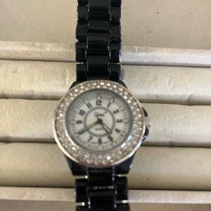 Black and Silver Watch with Rhinestone Bezel